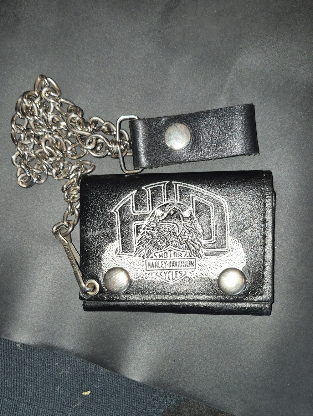 Vintage Harley-Davidson Black Leather Trifold Wallet with Silver Chain